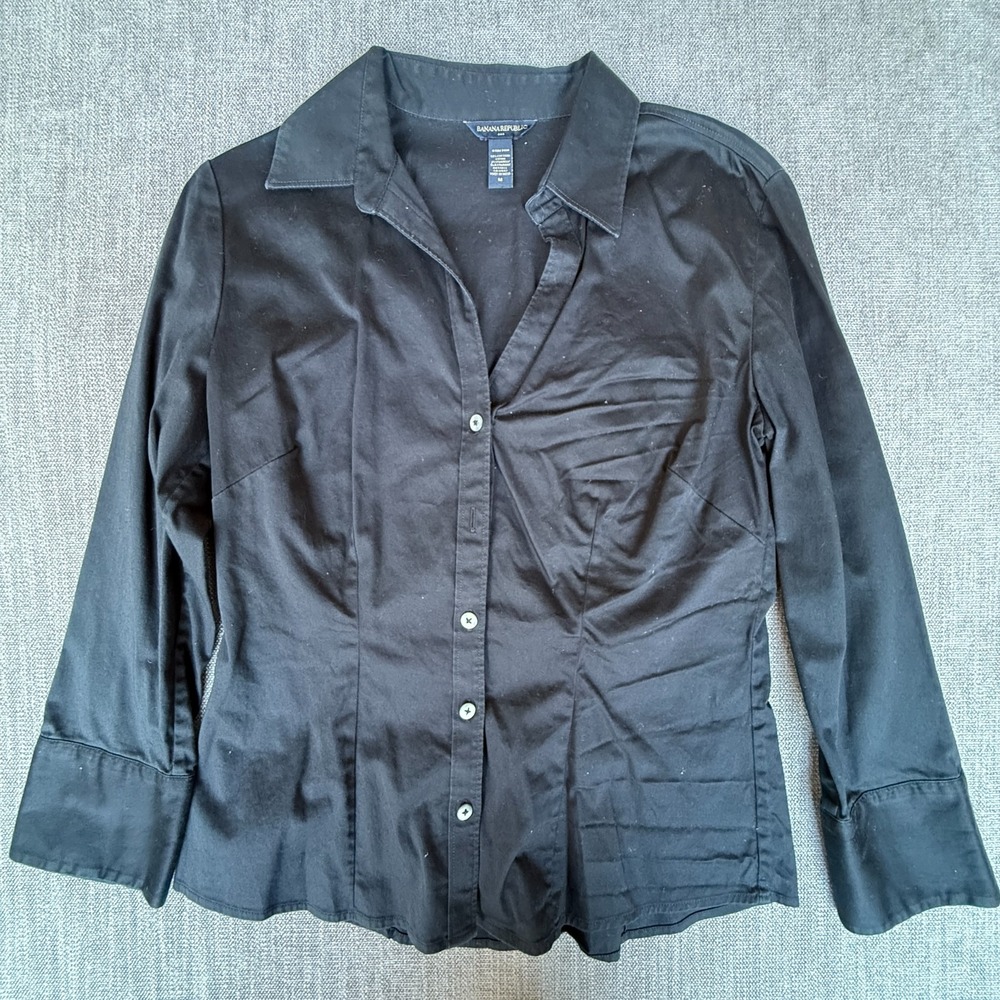 Banana Republic Shirt Top Womens Medium Black Stretch Office Career Button Up